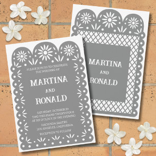 Grey Mexican papel picado wedding invitation
