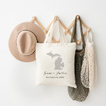 Grey Michigan Wedding Welcome Tote Bag<br><div class="desc">Welcome out of town wedding guests with a bag full of snacks and treats personalized with the state where you're getting married and the bride and groom's names and wedding date. Click Customize It to move the heart to show any city or location on the state map. Use the design...</div>