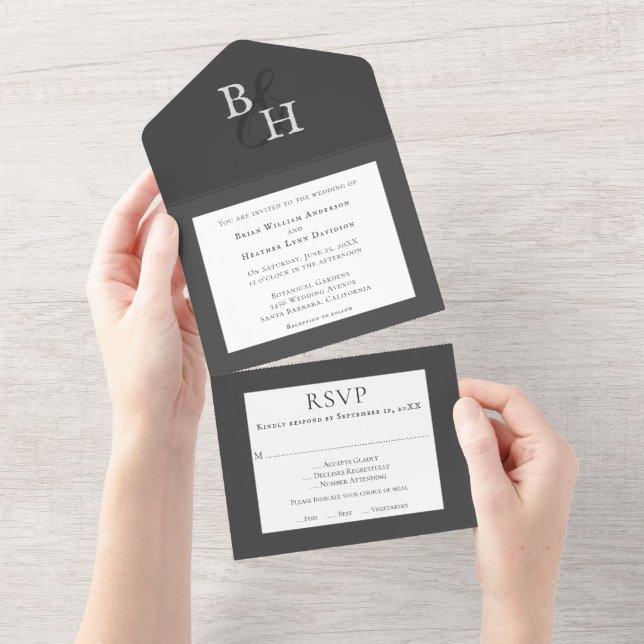 Grey Minimalist Monogram Wedding All In One Invitation (Tearaway)