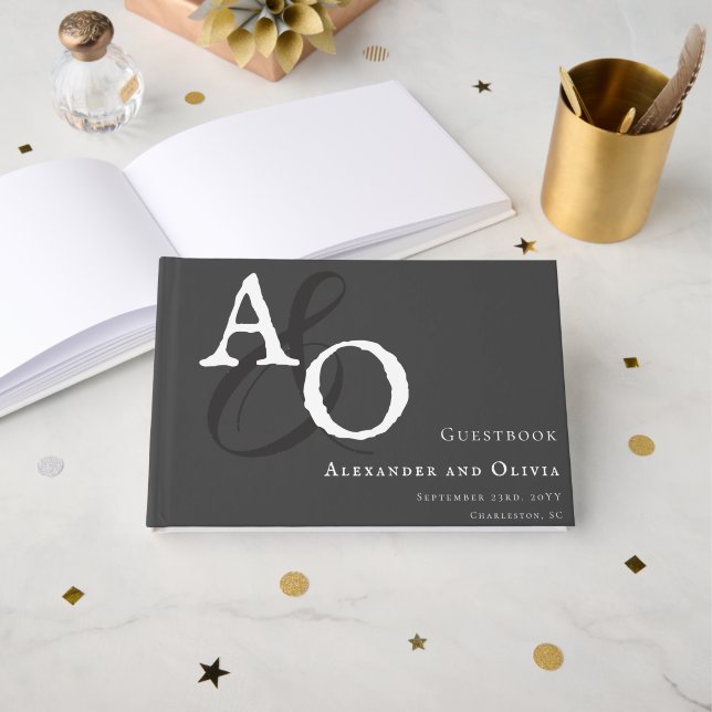 Grey Minimalist Monogram Wedding Guest Book (Front Open)