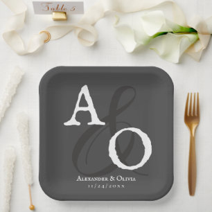 Grey Minimalist Monogram Wedding Paper Plate