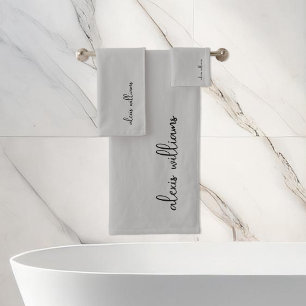 Grey Minimalist Script Signature Monogram Bath Towel Set