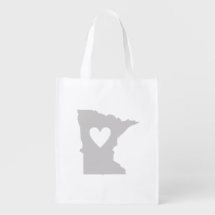 Grey Minnesota Shaped Heart Minnesotan Love Grey Reusable Grocery Bag