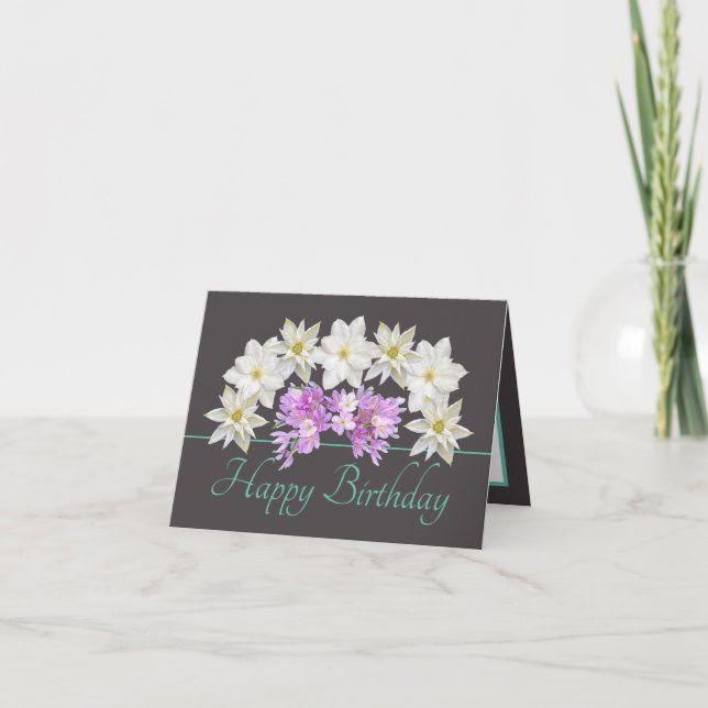 Grey Mint Chic White Purple Bouquet Happy Birthday Card (Front)