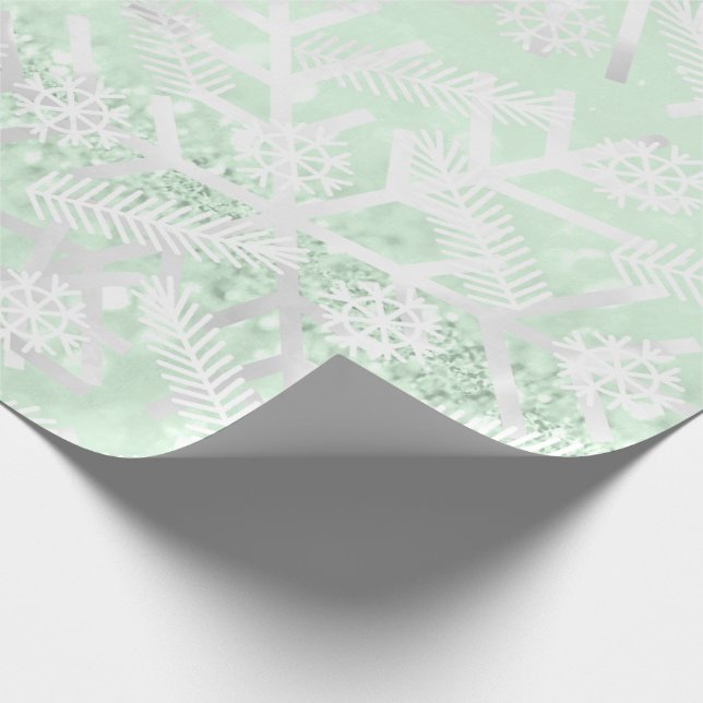 Grey Mint Glitter Christmas Holiday Snowflake Joy Wrapping Paper (Corner)