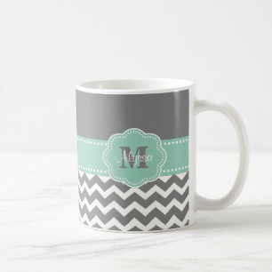 Grey Mint Green Chevron Personalized Mug