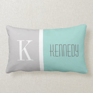 Grey Mint Green Colour Block Monogram Name Lumbar Pillow