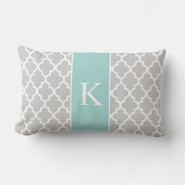 Grey Mint Green Moroccan Custom Monogram Lumbar Pillow (Front)