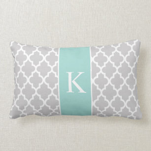 Grey Mint Green Moroccan Custom Monogram Lumbar Pillow