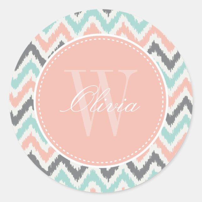 Grey Mint Peach Zigzag Ikat Pattern Monogram Classic Round Sticker (Front)