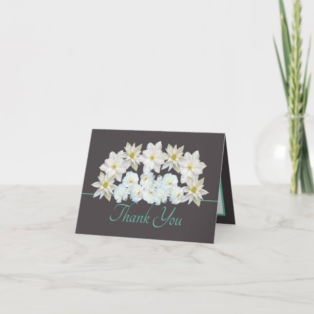 Grey Mint Pretty White Flowers Bouquet Thank You Card (Front)