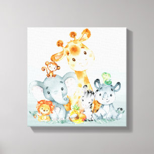 Grey Mint Watercolor Cute Safari Jungle Animals Canvas Print