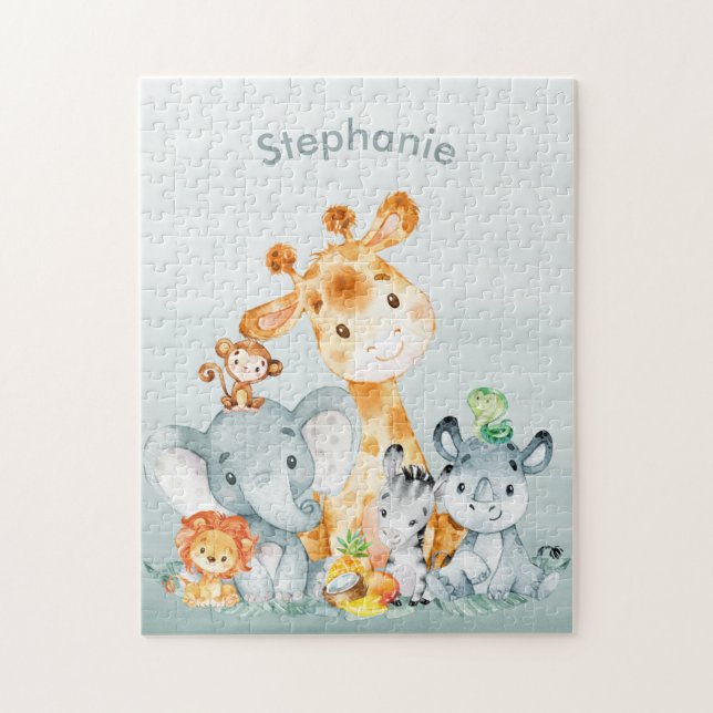Grey Mint Watercolor Cute Safari Jungle Animals Jigsaw Puzzle (Vertical)
