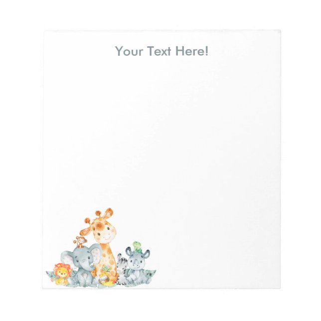 Grey Mint Watercolor Cute Safari Jungle Animals Notepad (Front)
