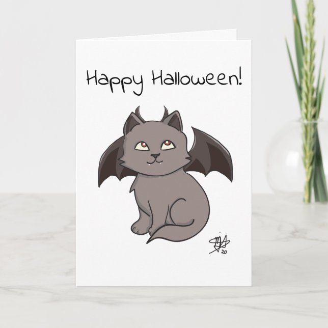 Grey Mischievous Vampire Cat Happy Halloween Card (Front)