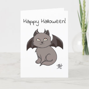 Grey Mischievous Vampire Cat Happy Halloween Card