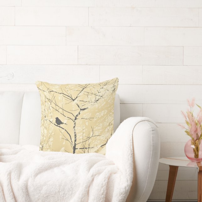 Grey Mockingbird in Tree Yellow Nature Silhouette Throw Pillow (Couch)