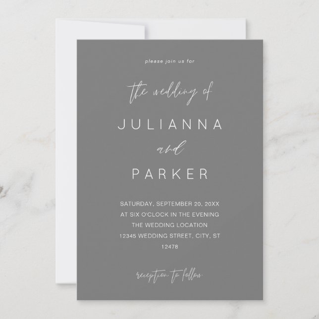 Grey MOD Calligraphy Wedding Invitation (Front)
