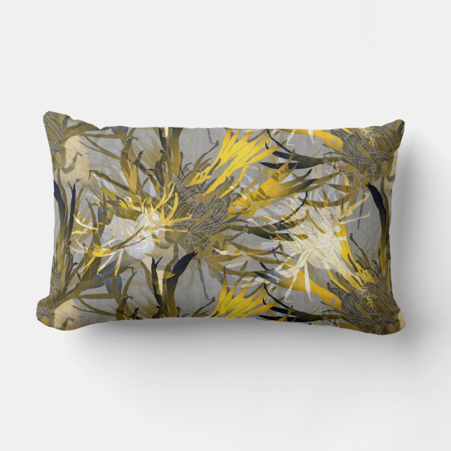 Grey Modern Elegant Abstract Floral Lumbar Pillow (Front)