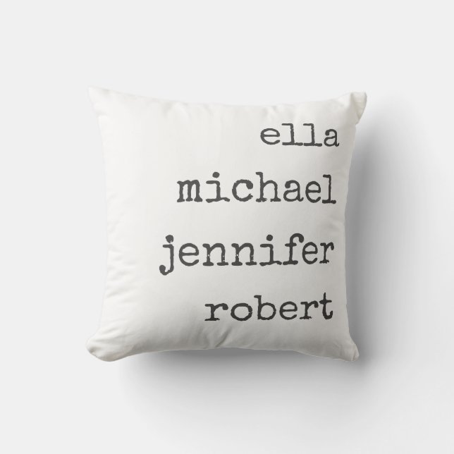 Grey Modern Farmhouse Personalized Family Names Throw Pillow (Front)