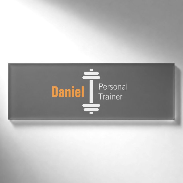 Grey Modern Fitness Personal Trainer Weights Name Tag (Front)