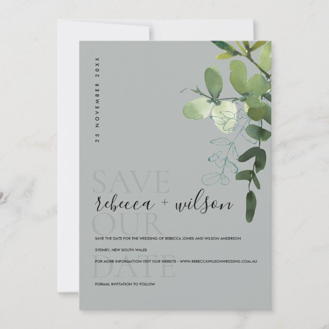 GREY MODERN GREEN EUCALYPTUS FOLIAGE WATERCOLOR SAVE THE DATE (Front)