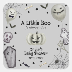 Grey Modern Little Boo Ghost Boy Baby Shower Square Sticker