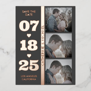  Grey Modern Minimalist Bold Date Three Photo  Foil Holiday Postcard
