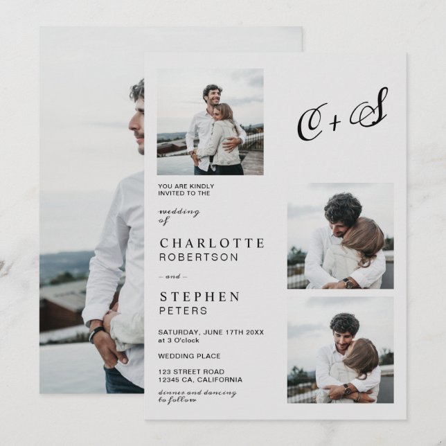 Grey modern minimalist initials photo wedding invitation (Front/Back)