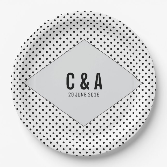 Grey Modern Polka Dots Wedding Paper Plate (Front)