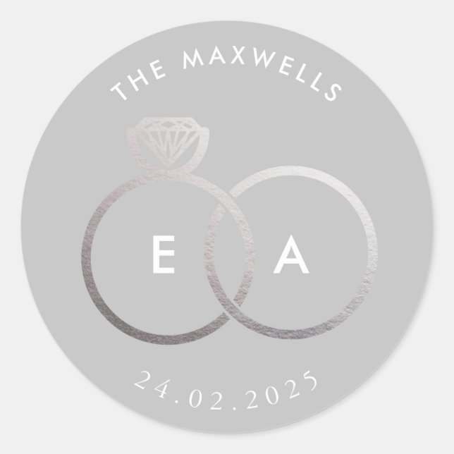 Grey Modern Silver Rings Custom Wedding Sticker (Front)