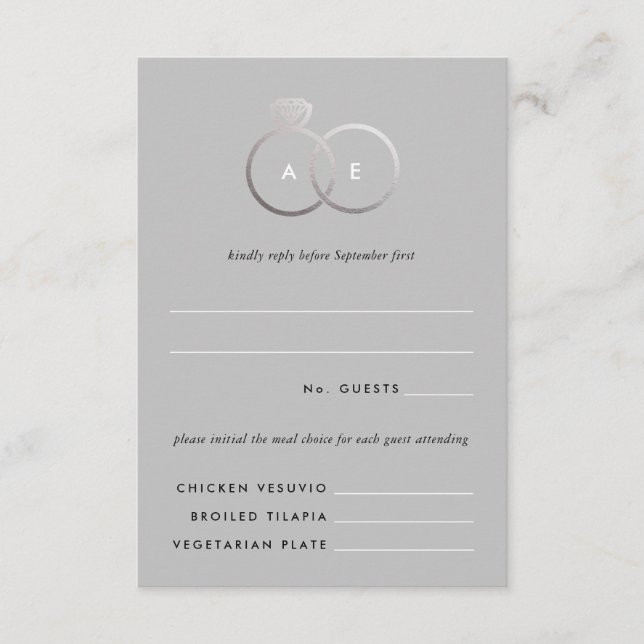 Grey Modern Silver Rings Wedding RSVP Reply Card (Front)