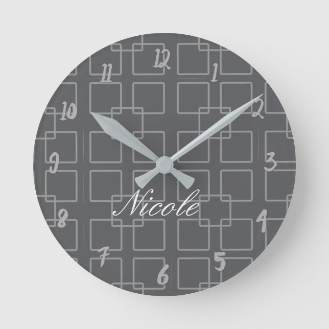 Grey Modern Squares Geometric Personalized Office Round Clock (Front)