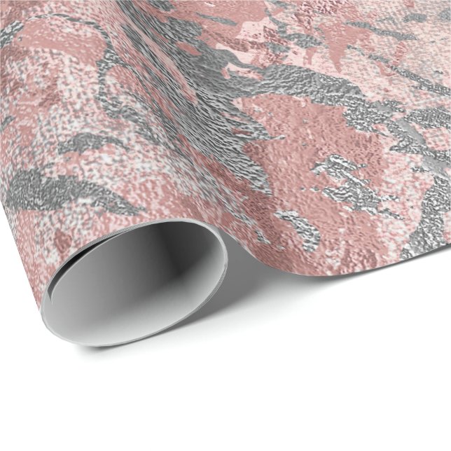 Grey Molten Silver Blush Pink Marble Shiny Metal Wrapping Paper (Roll Corner)