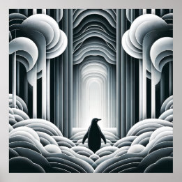 Grey Monochromatic Lovey Baby Penguin Art Deco Poster