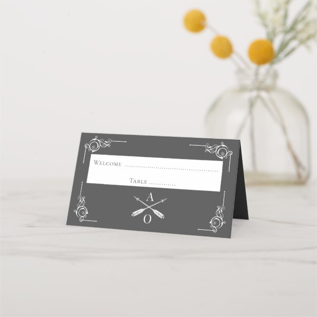 Grey Monogram and Arrows Reception Place Card (Front)
