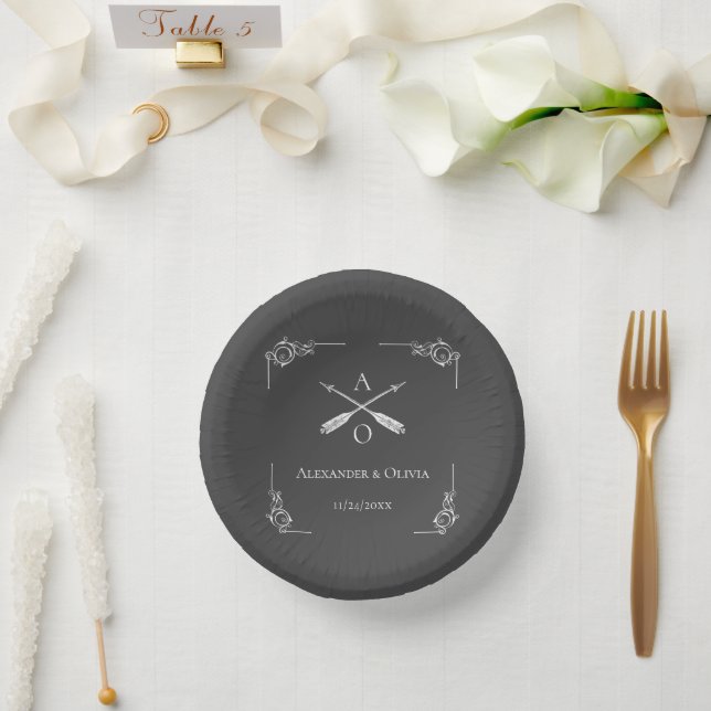 Grey Monogram and Arrows Wedding Paper Bowls Paper Plate (Wedding)