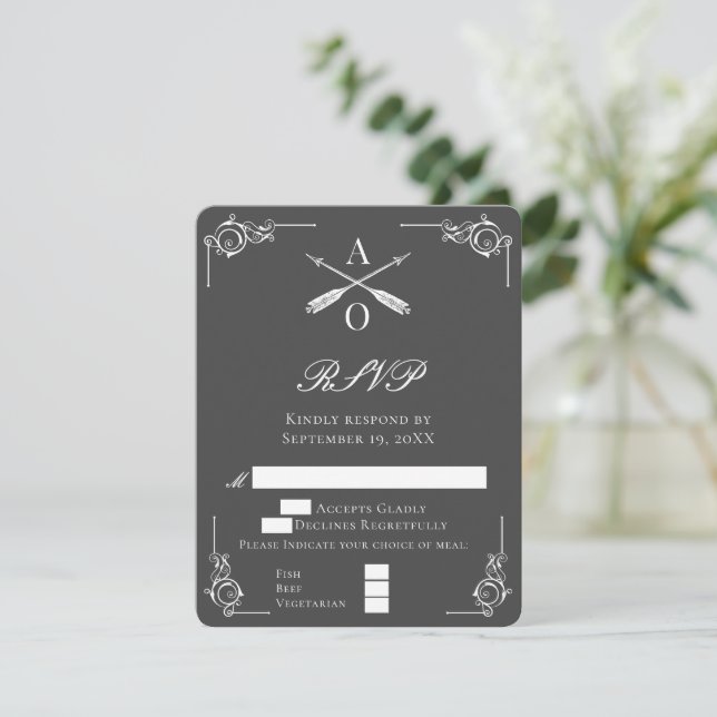 Grey Monogram and Arrows Wedding RSVP Card (Standing Front)