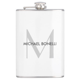 Grey Monogram Black White Name Hip Flask