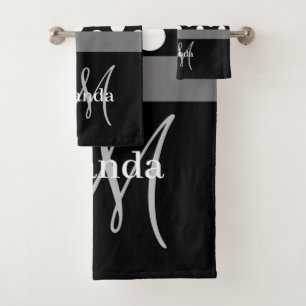 Grey Monogram Black White Polka Dot Bath Towel Set