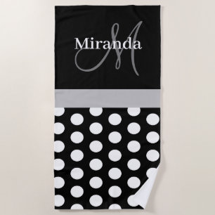 Grey Monogram Black White Polka Dot Beach Towel