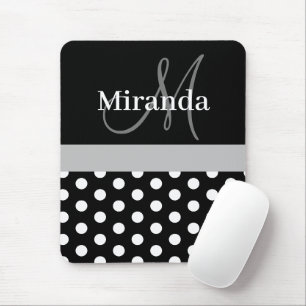 Grey Monogram Black White Polka Dot Mouse Pad
