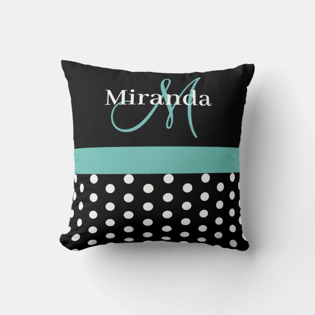 Grey Monogram Black with White Polka Dots Throw Pillow (Front)
