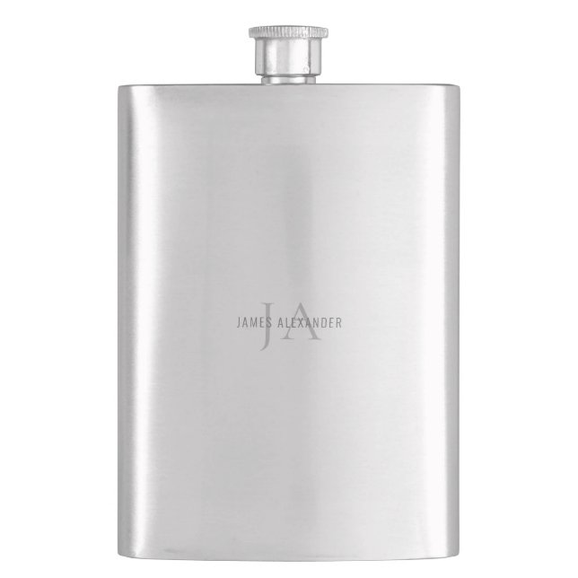 Grey Monogram Custom Name For Him Water Bottle Hip Flask (Front)