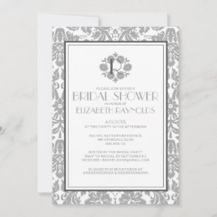 Grey Monogram Damask Bridal Shower Invitations