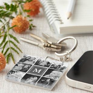 Grey Monogram Family Photo Collage Keychain