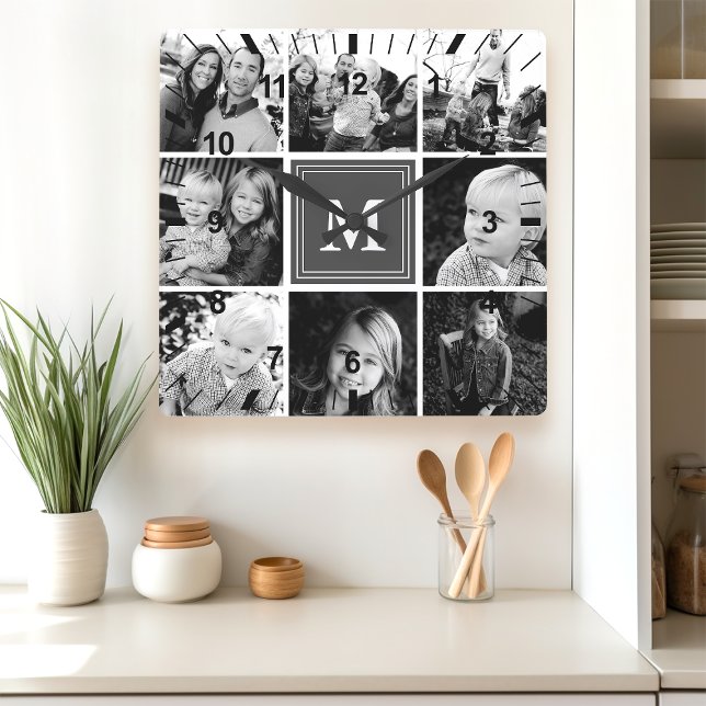 Grey Monogram Family Photo Collage Square Wall Clock (Creator Uploaded)