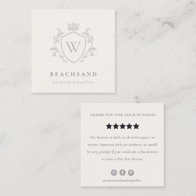 Grey Monogram Floral Crown Crest Review Request Square Business Card (Front/Back)