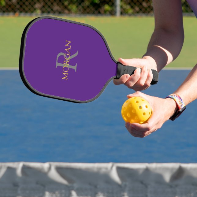 Grey Monogram & Gold Name on Royal Purple Pickleball Paddle (Insitu)