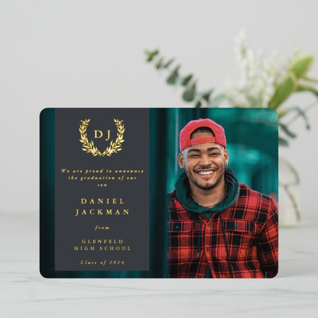 Grey Monogram + Laurel Graduation Announcement (Standing Front)